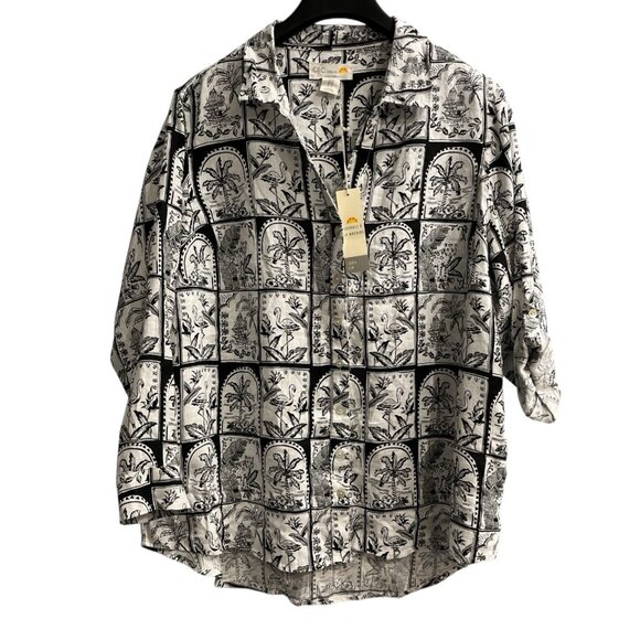 C & C California Top‎ Womens 1X Black Linen Button Down Tropical Jungle Print - Picture 1 of 10